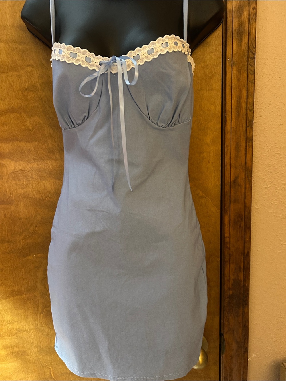 Windsor Powder Blue Slip Dress with Cream Lace Trim - Homecoming